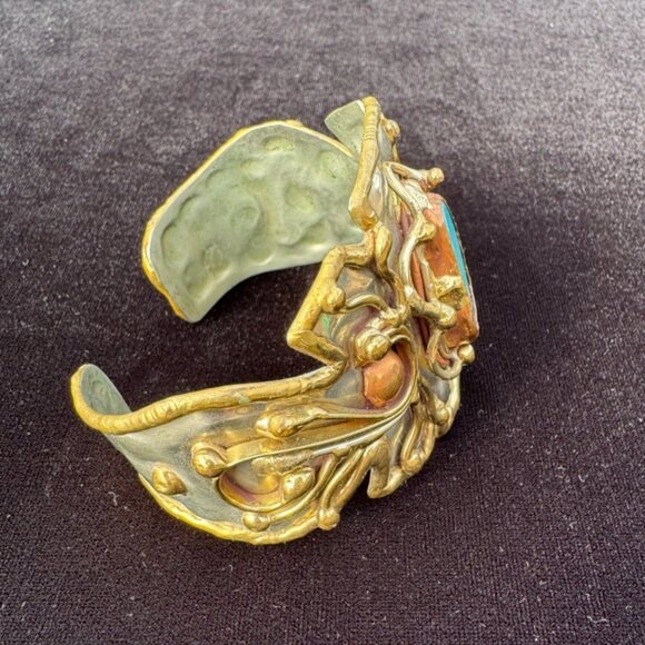Vintage Turquoise Brutalist Mixed Metal Cuff Bracelet Copper Bronze Silver Tone - Picture 4 of 6